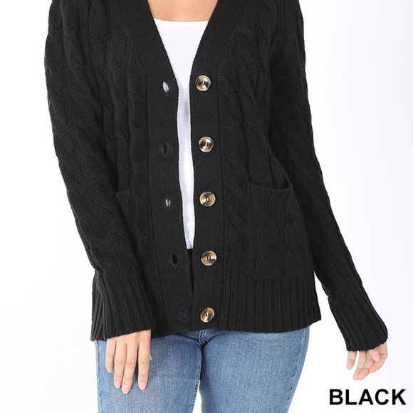 Cable knit button cardigan pockets BLACK - Picture 2 of 2